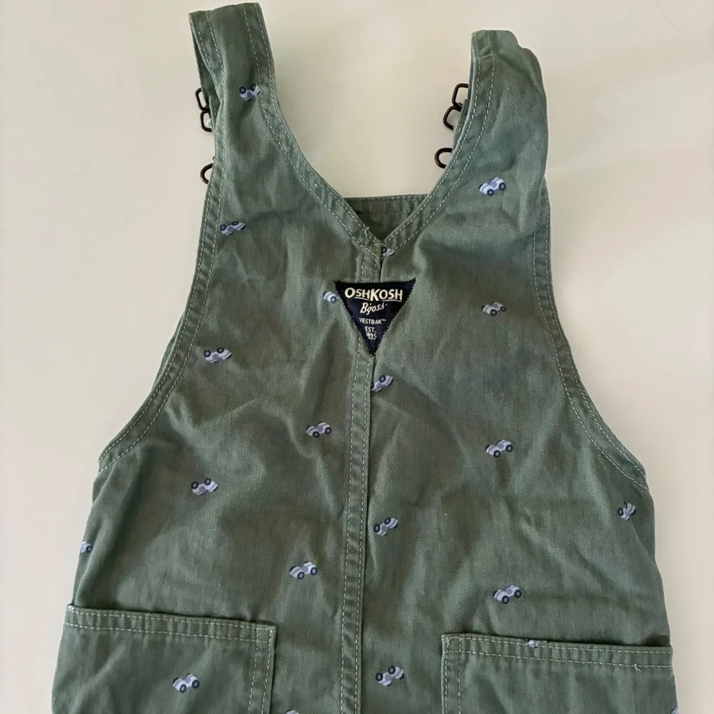 OshKosh B'gosh Toddler 2T Sage Green Car Bib Overalls Vestbak Play